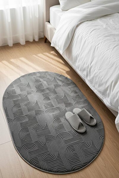 Raschel Carpet Premium Oval Yıkanabilir Leke Tutmaz Emboss Bohem Koyu Gri Öze...