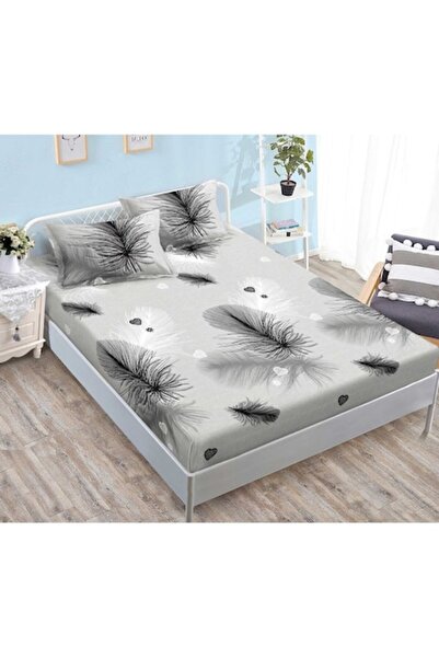 OEM Set cuvertură de pat și fețe de pernă elastice, 3 piese, imprimeu cu pene...