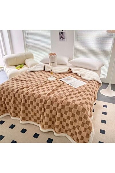 OEM Double Bed Blanket with Fur, Cocolino, Chessboard Model, 200x230cm, Beige...