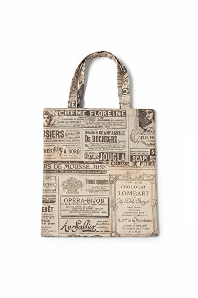 maia Beige Newspaper Patterned Cloth Bag – Typographic Pattern Design