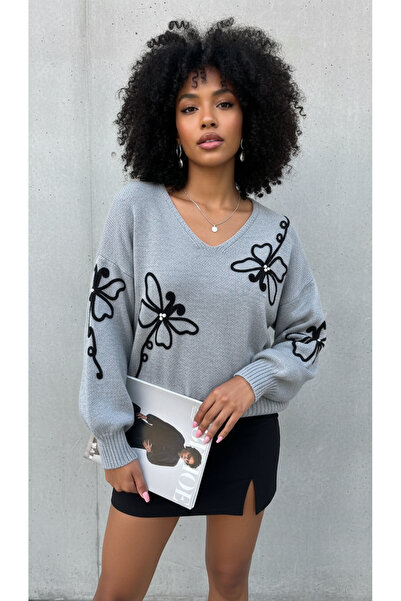 NİLZA Patterned v-neck knit sweater