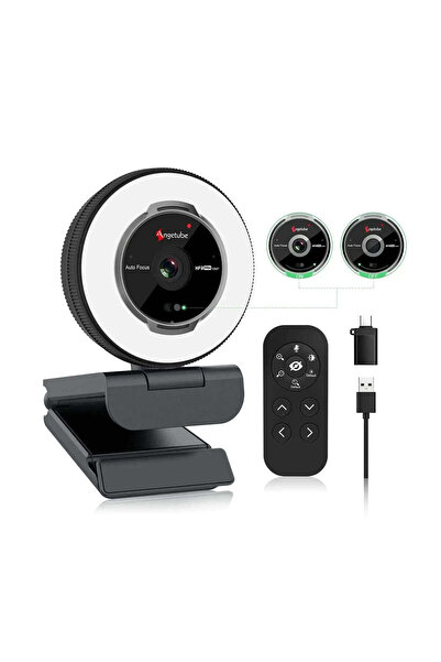 Angetube Cameră web 1080P 60 fps cu lumină inelară și capac de confidențialit...