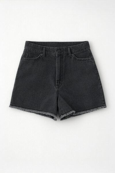 Bluewhite Women's High Waist Tassel Detail Anthracite Jean Shorts