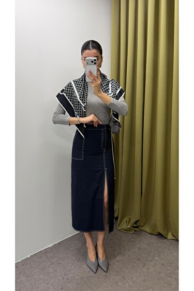 HAZELANNA Contrast Stitched Slit Skirt