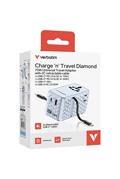 Verbatim 30187 GaN USB-A + USB-C PD3.0 QC4+ QC3.0 2C retractabil Compatibil U...