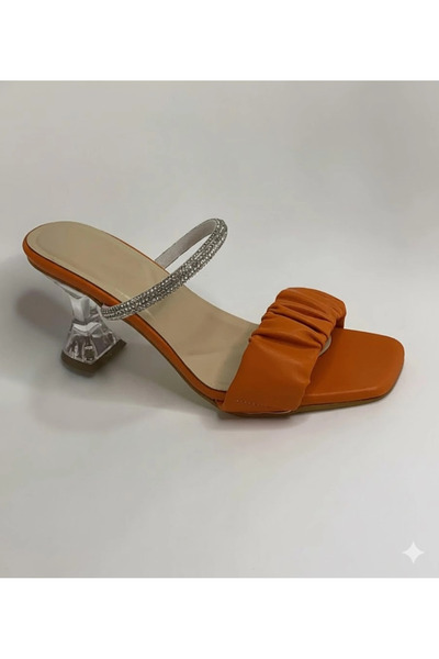 Mergenshoes T032 Turuncu Şeffaf Topuklu Rahat Taban Kadın Terlik