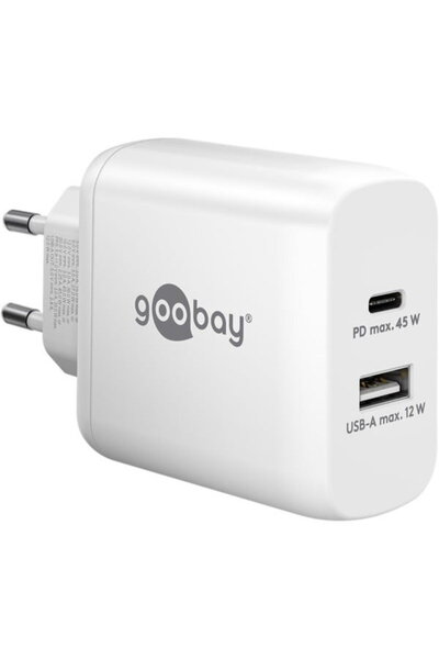goobay 1x USB-A 1x USB-C PD GaN 45W Alb