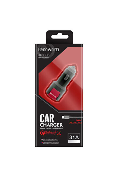 lemontti Qualcomm 3.0 Dual USB Type-C Car Charger Black-Red 3.1A (detachable ...