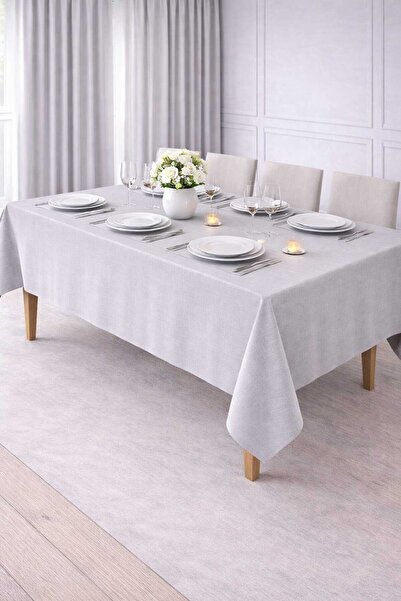 PerdeYap1980 Velvet Textured Light Gray Color Tablecloth