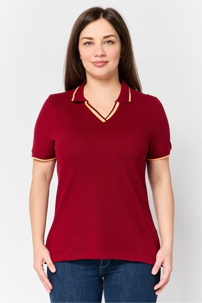 Marks & Spencer Women Spread Collar Short Sleeve Solid Polo Shirt, Maroon