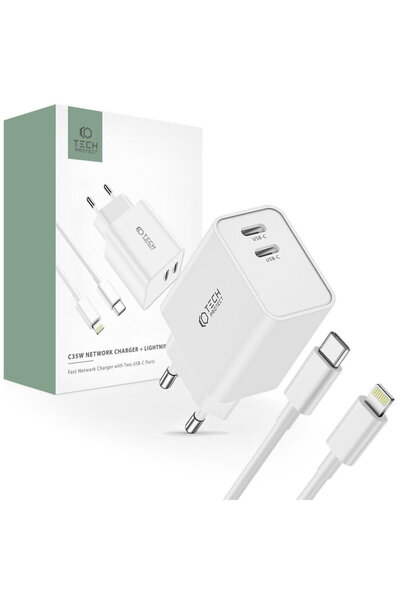 Tech-Protect 9319456605587 C35W 2xUSB-C PD + cablu Lightning 35W Alb