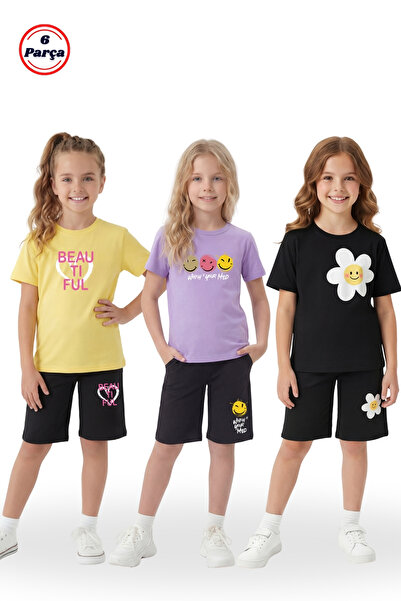 FYK KİDS 3-Piece Round Neck Capri Pants Print Detailed Summer Girl's 6-Piece ...