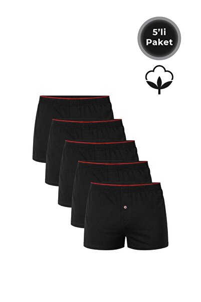 Kompedan 5'li Paket Şardonlu Pamuklu Düğmeli Penye Erkek Boxer | Siyah K0041