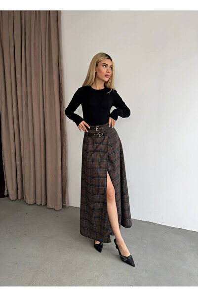 ParlaMira Women's Belted Slit Plaid Long Skirt