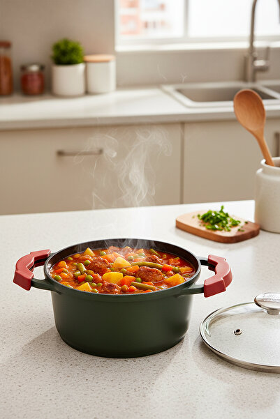 Masterchef Yeşil 20 cm Silikon Tutacaklı Döküm Tencere – Granit Kaplama, Yapı...