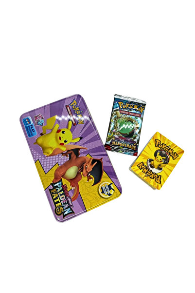 OEM Cutie Metalică Pokémon Mov– Paldean Fates, Set 50 Cartonașe și Planșă de Joc