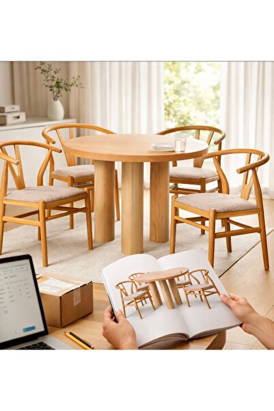 Albero Home 100 Cm Yuvarlak Masif Ayaklı Meşe Kaplamalı Mdf Masa & 4 Ahşap Sa...