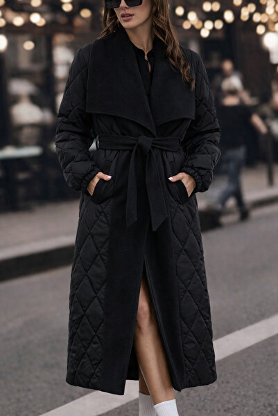 Podyum Park معطف نسائي طويل مبطن – ياقة شال مطرزة، مع حزام، معطف شتوي مبطن