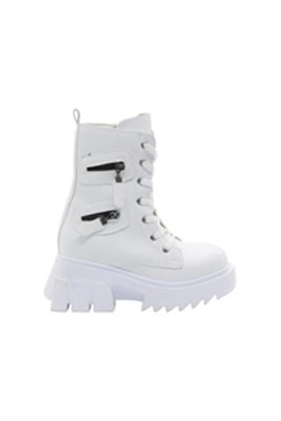 Mergenshoes BF182 Beyaz Bağcıklı Fermuarlı Kadın Bot