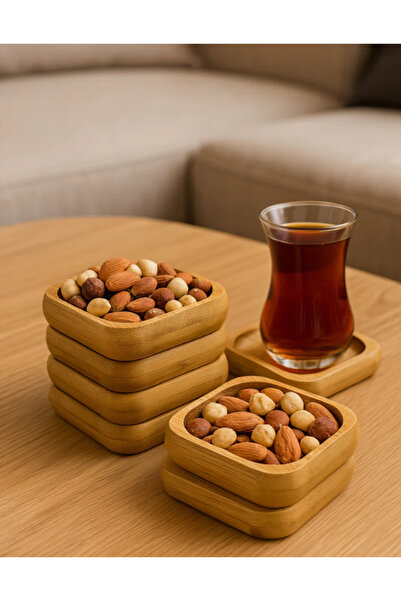 Homerest Pinterest Stil 3'lü Doğal Bambu Çerezlik Seti Ahşap Dekoratif Sade K...