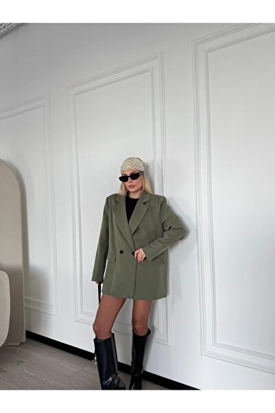 SEREN TEKSTİL Haki Tek Düğmeli Oversize Blazer Ceket