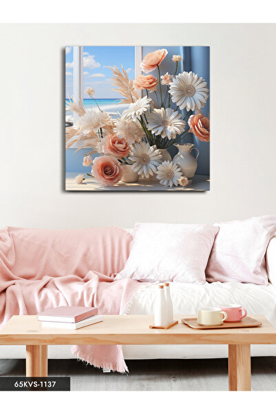 Evinemoda Trandafiri și flori albe într-o vază Pânză pătrată dintr-o singură ...