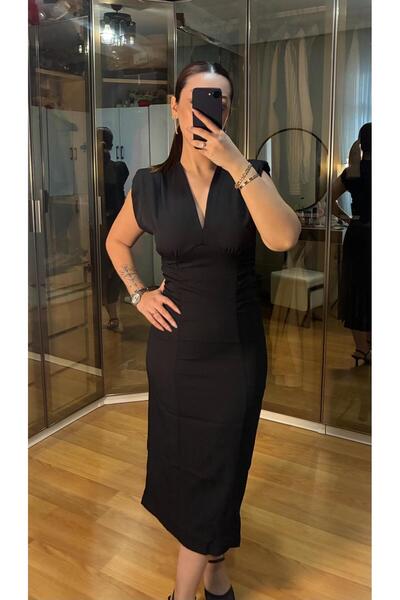 ecemce butik V Yaka Vatkalı Drapeli Siyah Elbise