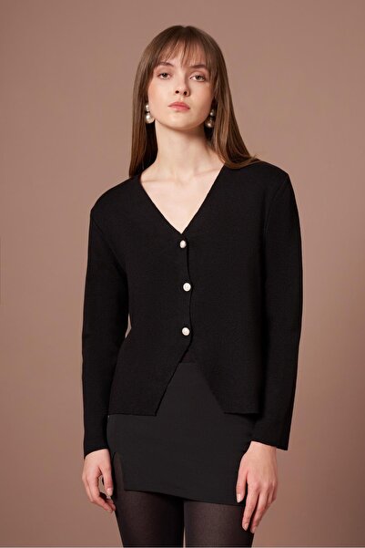 FTZ WOMEN Women's Button Detail V-Neck Cardigan Black 25264