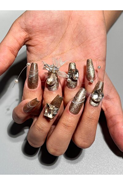 NailsTell 230016 S Beden Altın Simli Taşlı Protez Jel Takma Tırnak Ve Aksesua...