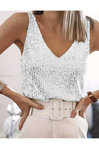 MODAS sıfır kollu v yaka pulpayet bluz