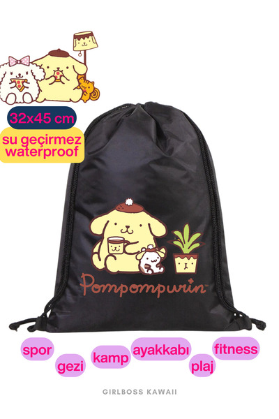 Girlboss Kawaii Pompompurin Waterproof Black Drawstring Bag, Suitable for All...
