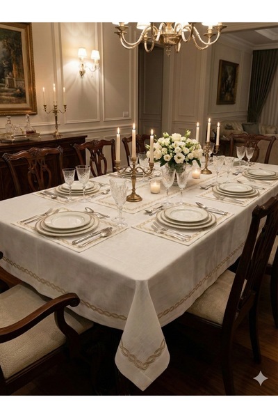 Sfr Home by FİSKOS Chain Embroidered Dining Table Cloth Set for 8 People