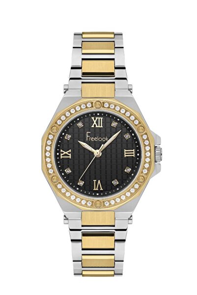 Freelook Fl.1.10474-5 Stone Design Steel Case Steel Band Metallic-Gold Color ...