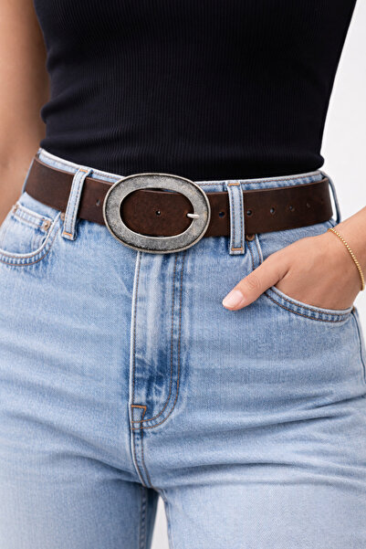 DAYMA حزام جلدي نسائي بيضاوي الشكل بإبزيم عتيق - متوافق مع الجينز والملابس ال...