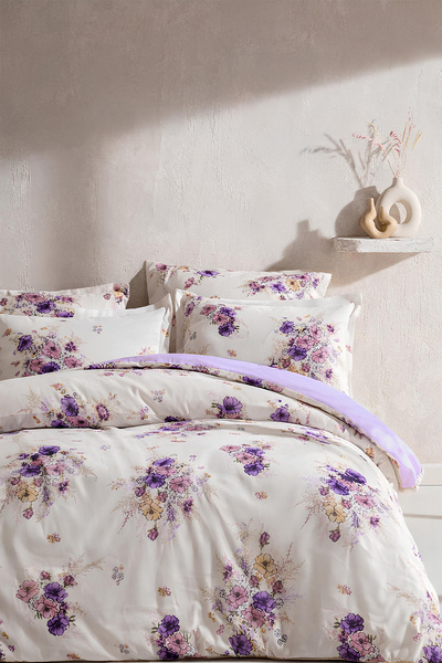 İQON Elastic Sheet Duvet Cover Set Double Size Bouquet Lilac