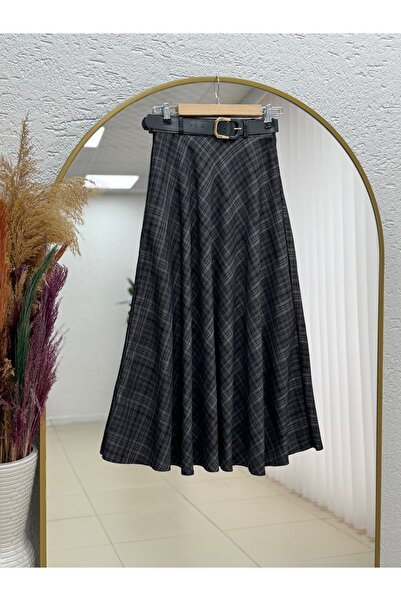 MİHRA STORE Sevgi Belted Plaid Skirt-Fa1039 Anthracite