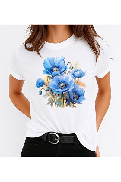OEM Women's Cotton T-Shirt 100% Blue Flowers 2