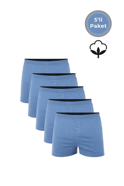 Kompedan 5'li Paket Şardonlu Pamuklu Düğmeli Penye Erkek Boxer | Mavi K0041