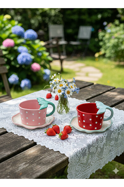 MHT طقم فناجين سيراميك مزدوجة بتصميم الفراولة - تصميم خاص