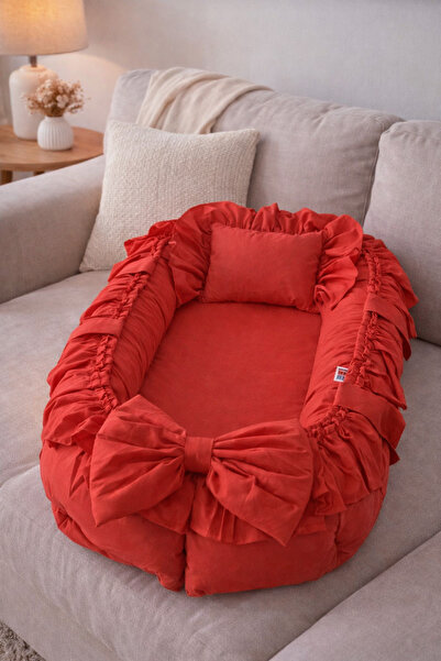 Jaju Baby Kırmızı Fırfırlı Babynest – Pamuk Kumaş, Yenidoğan Bebek Yatağı