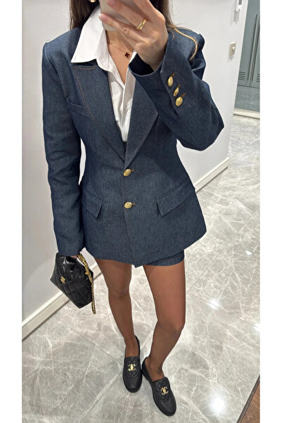 My Blog Gold Buttoned Waist-Fitted Denim Jacket