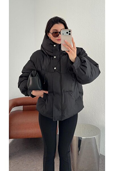 HAZELANNA Kapak Detaylı Siyah Şişme Mont