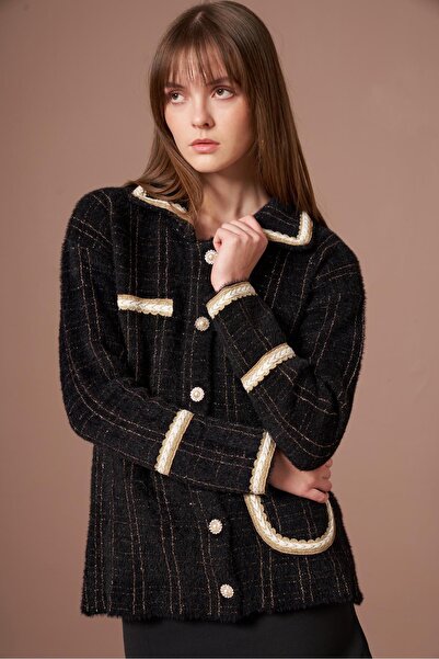 FTZ WOMEN Women's Stripe Detail Beard Cardigan Black Gold 25041