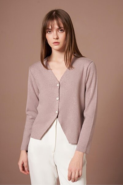 FTZ WOMEN Women's Button Detail V-Neck Cardigan Mink 25264