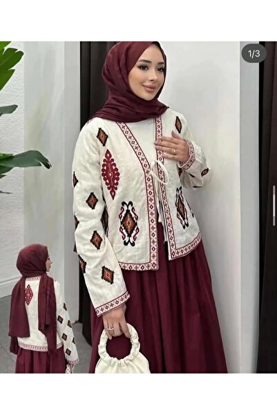 Sosyete Kaplumbağa Kilim Pattern Embroidery, Lace-Up Long-Sleeved Organic Lin...