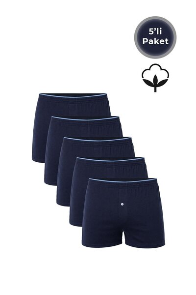 Kompedan 5'li Paket Şardonlu Pamuklu Düğmeli Penye Erkek Boxer | Lacivert K0041