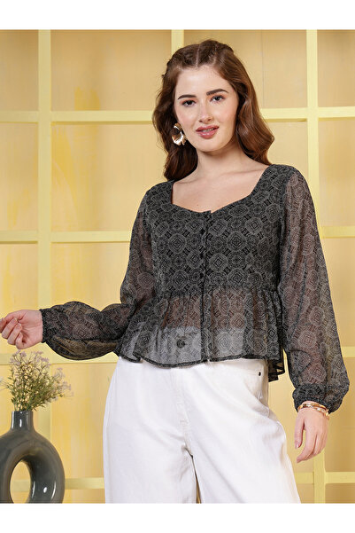 RUE COLLECTION By Styli Women Black Chiffon Long Sleeve Peplum Top