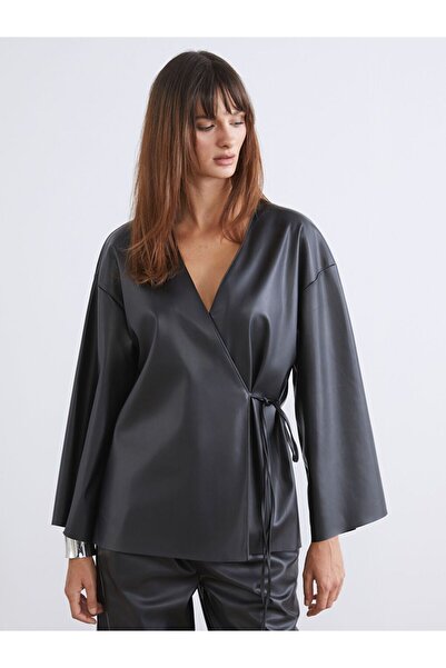 LC Waikiki Double-Breasted Yaka Leather-Look Women's Kimono