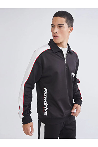 LC Waikiki Black Polo Collar Printed Men's Sweatshirt