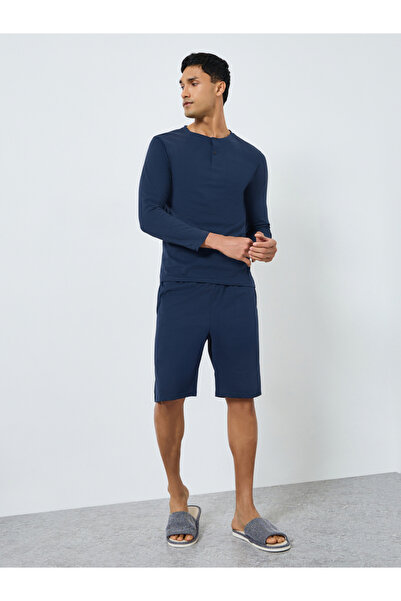 Styli Men Blue Long Sleeve T-Shirt and Shorts Pyjama Set